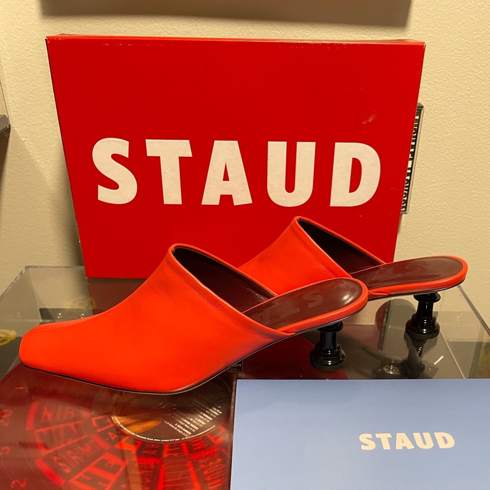 STAUD Orange Red Sculptural Heel Leather Mules